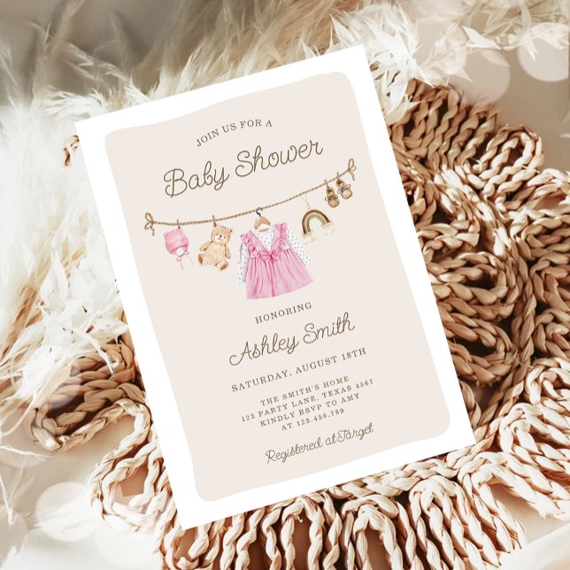 Barnkläder Clothesline Boho Girl Baby Shower Inbjudningar (Skapare uppladdad)