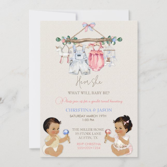 Barnkläder Gender Reveal Ivory Rosa Blue Inbjudningar (Framsida)