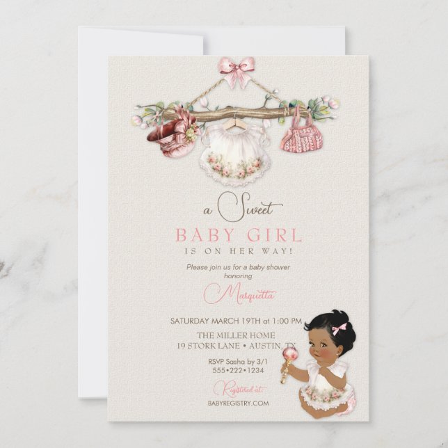 Barnkläder Girl Baby Shower Ivory Rosa Inbjudningar (Framsida)