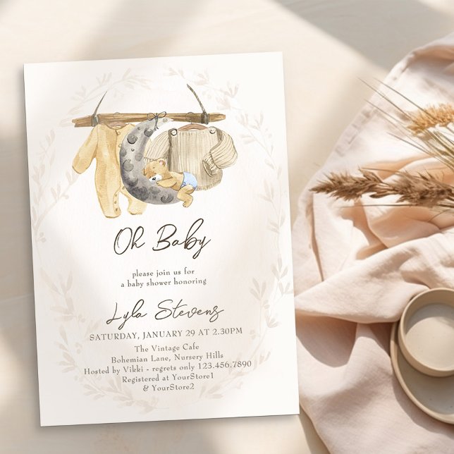 Barnkläder och Nalle Neutralt Babykläder Inbjudningar (Oh Baby Neutral Baby Shower Invitation - from my Baby Clothes Baby Shower Collection)