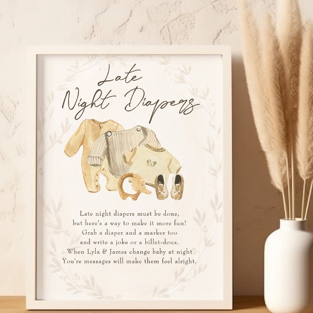 Barnkläder Sent nattblöjor Babyskor Poster (Late Night Diapers game station sign - from my Baby Clothes Baby Shower Collection)