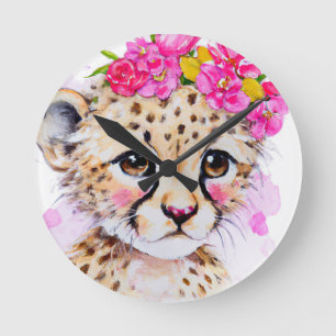 Barnklocka Baby Gepard med Rosa Blomsterkrona Rund Klocka
