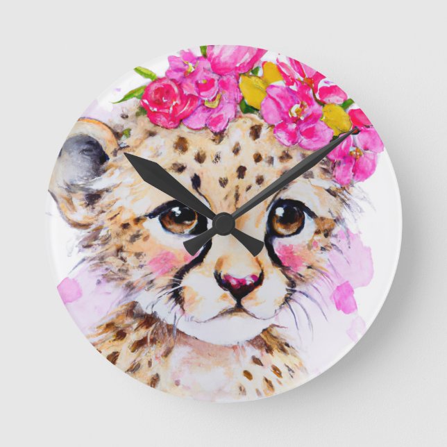 Barnklocka Baby Gepard med Rosa Blomsterkrona Rund Klocka (Framsida)