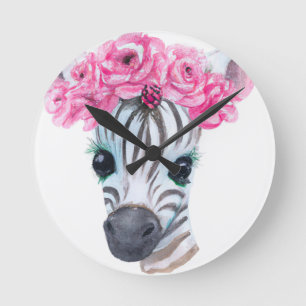 Barnklocka Zebra med rosa blomkrona Rund Klocka