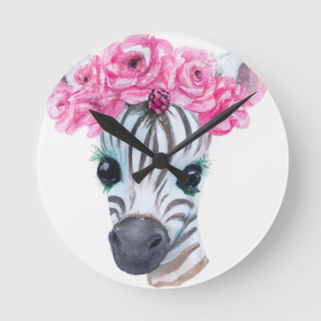 Barnklocka Zebra med rosa blomkrona Rund Klocka (Framsida)