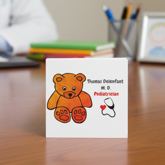 Barnläkare - orange teddy - stetoskop fyrkantigt visitkort (Skapare uppladdad)
