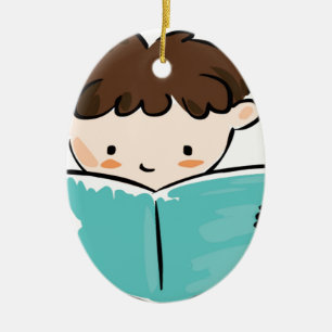 Barnläsning en bok julgransprydnad keramik