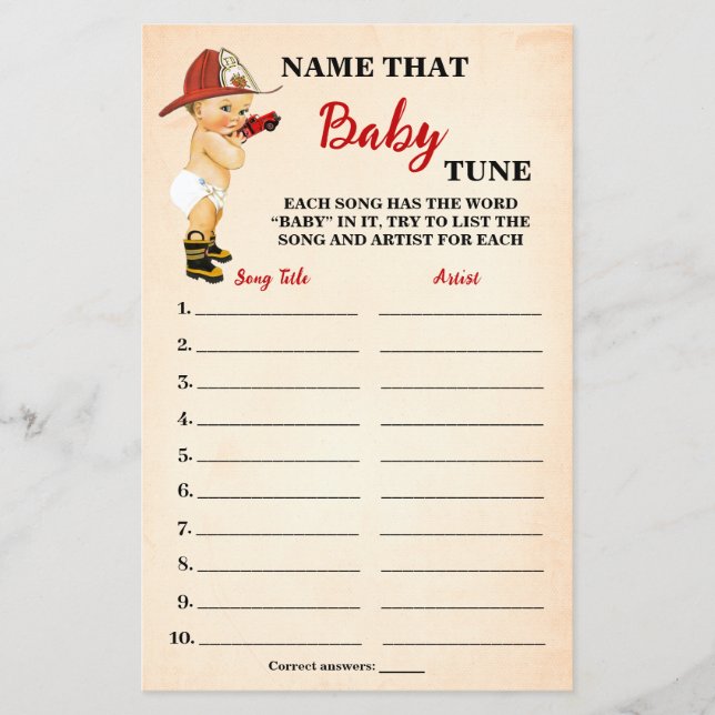 Barnomsorgskort i Namn Baby Tune Baby Shower Game  Flygblad (Framsidan)