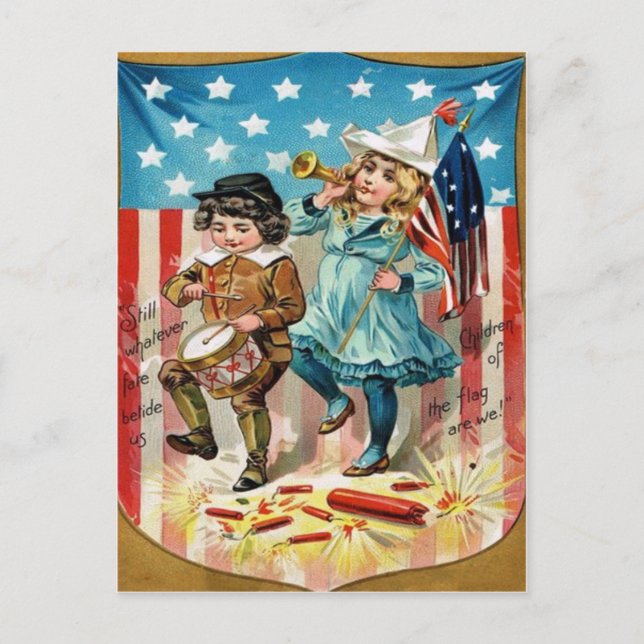 Barnparad amerikansk flagga vintage 4 juli vykort (Framsida)