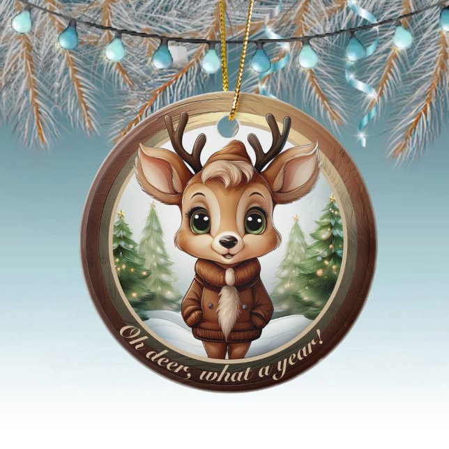 Barnrenhorn Djur Karaktär Jul 🦌🎄 Julgransprydnad Keramik (customizable text deer ornament custom reindeer christmas tree decoration antler holiday decor 🦌🎄)