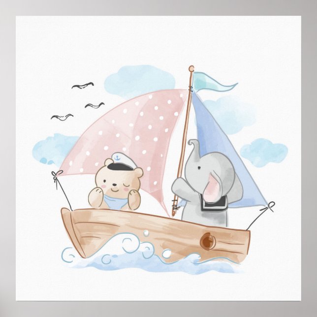 BARNRUMSPLAKAT: BÅT MED ELEFANT & BABYBÄR POSTER (Framsidan)
