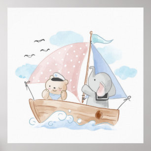 BARNRUMSPORTRETT : BÅT MED ELEFANT & BABYBÄR POSTER