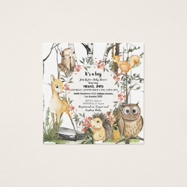 Barns bokar om skogar och skogsväxter i fyrkantigt visitkort (Framsida)