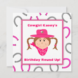 Barns Cowgirl Party Brunette Flickans födelsedag Inbjudningar