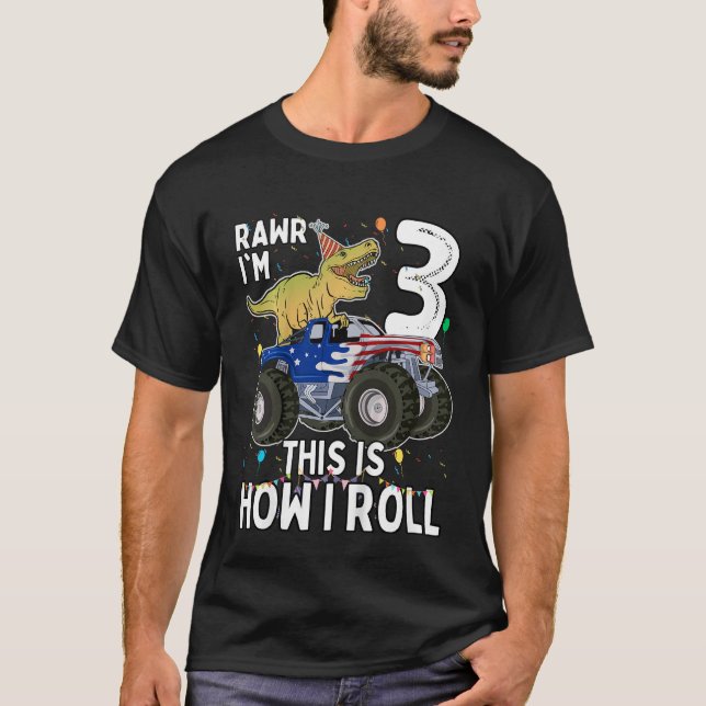 Barns födelsedag Boy Dinosaur Rex Monster Lastbil  T Shirt (Framsida)