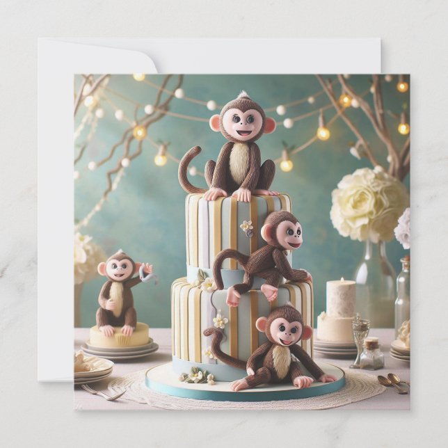 BARNS FÖDELSEDAG CAKE MED ADORABLE MONKEYS KORT (Framsida)