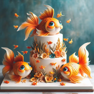 BARNS FÖDELSEDAG CAKE MED STORÖJD GOLDFISK KORT