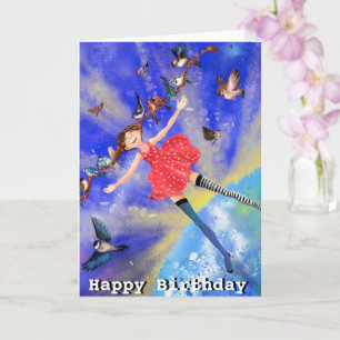 Barns födelsedag Card Lycklig Girl with Birds Kort