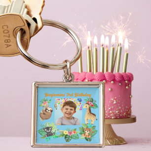 Barns födelsedag-förmån för Tropical Baby djur Key Fyrkantig Silverfärgad Nyckelring