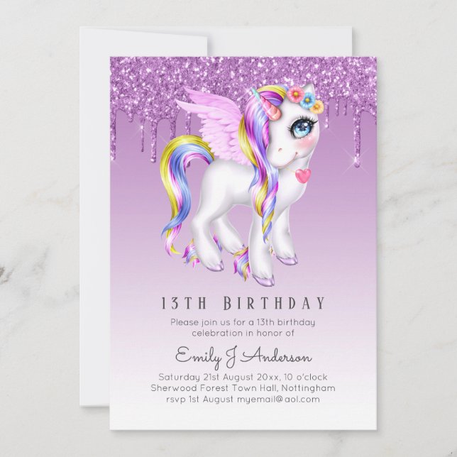Barns födelsedag Inbjudan Lila Unicorn Digital Opt (Framsida)