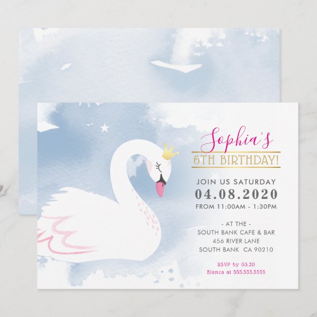 BARNS FÖDELSEDAG PARTY söt svan prinsessan guld bl Inbjudningar (Fram/baksida)