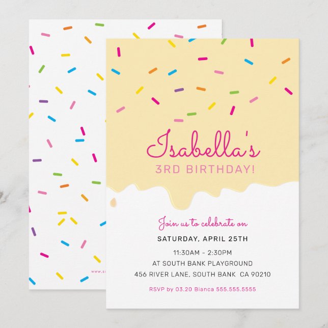 BARNS FÖDELSEDAG PARTY tårtdroppar sprinkles gult Inbjudningar (Fram/baksida)