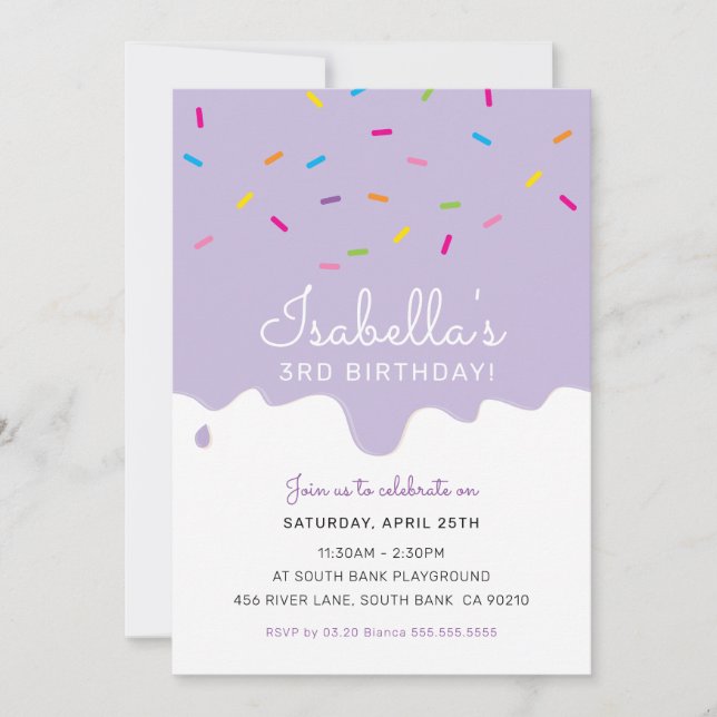 BARNS FÖDELSEDAG PARTY tårtdroppar sprinkles lila Inbjudningar (Framsida)