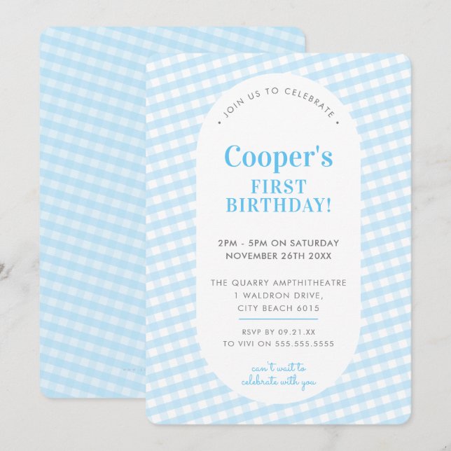 BARNS FÖDELSEDAG vintage gingham mönster boy blue  Inbjudningar (Fram/baksida)