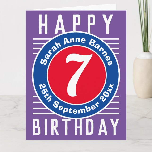 Barns födelsedagskort 7:e med ålder, Namn och datu Kort (Framsida)