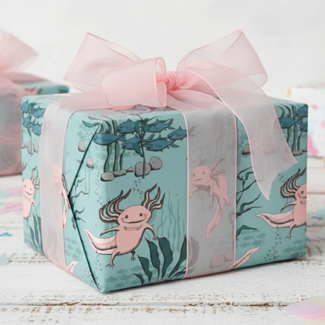 Barns Grönt och  Rosa Underwater Axolotl Teckning Presentpapper (Cute Amphibian Axolotl Wrapping Paper for Kids Birthday Party. Pink Mexican Walking Fish Salamander)
