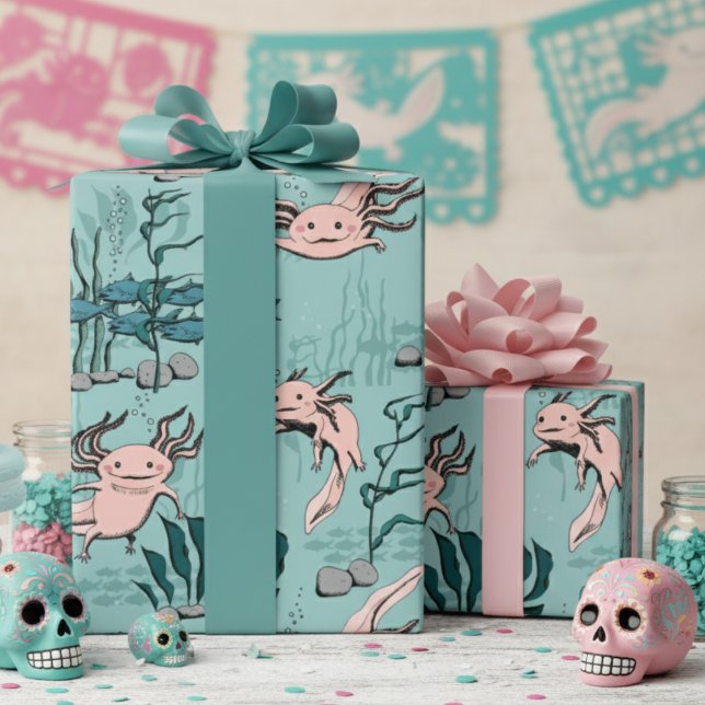 Barns Grönt och  Rosa Underwater Axolotl Teckning Presentpapper (Mexican Walking Fish Pink Axolotl Salamander Wrapping Paper in Turquoise Blue for Kids Birthday)