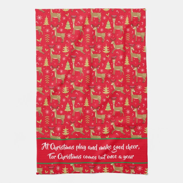 Barns julrenar spelar rött kökshandduk (Vertikal)