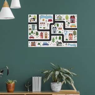 Barns karta-spel med vägar, bilar och hus poster