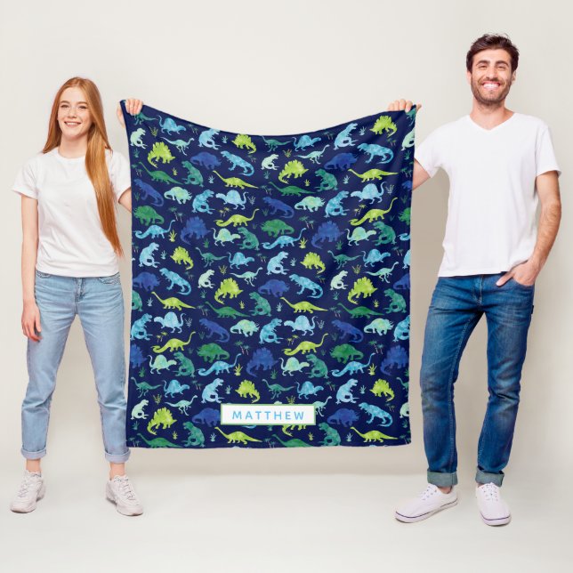 Barns Personlig Dinosaur Blue Grönt Vattenfärg Fleecefilt (På plats)