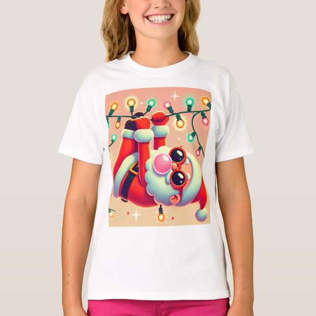 Barns Roligt jul T-Shirt - Santa med Ljus och (Framsida)
