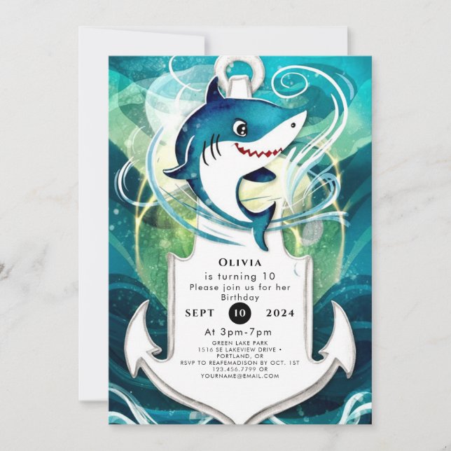 Barns Roligt Watercolor Shark Birthday Inbjudningar (Framsida)