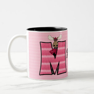 Barns Rosa Moose Monogram Brev M och Namn Två-Tonad Mugg