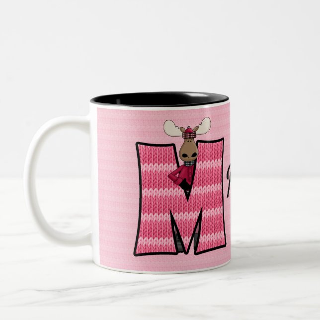 Barns Rosa Moose Monogram Brev M och Namn Två-Tonad Mugg (Vänster)