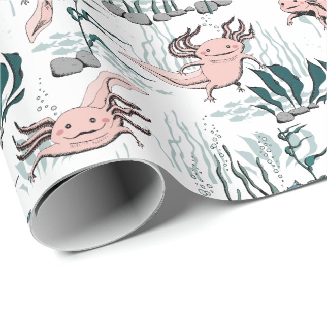 Barns  Rosa och Grönt Undervatten Axolotl Teckning Presentpapper (Rullad Hörn)