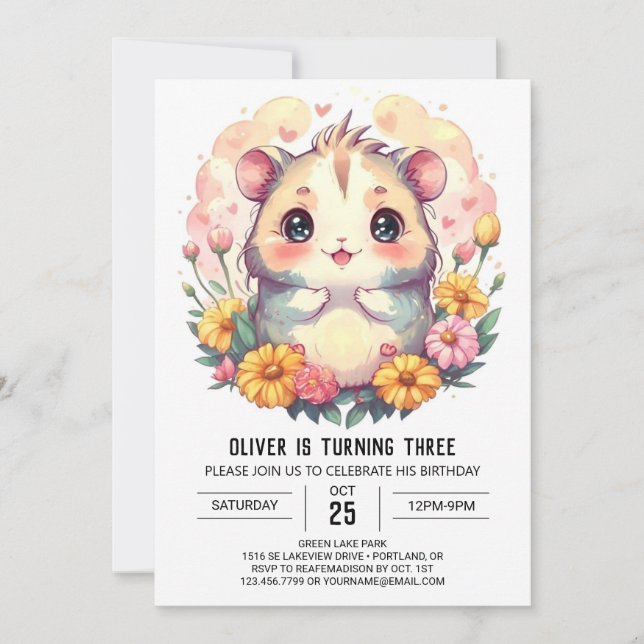 Barns utskrivbara Hamster Birthday Inbjudningar (Framsida)