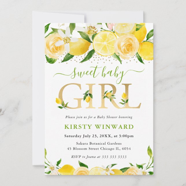 Barnshölje med vattenfärg Blommigt Lemons Babykläd Inbjudningar (Framsida)