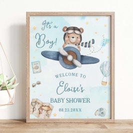 Barnshuggare för äventyr Cute Bear Blue Flygplan B Poster