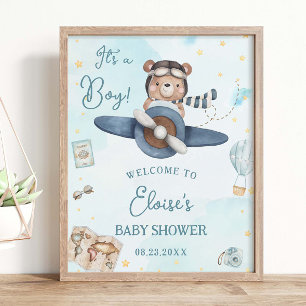Barnshuggare för äventyr Cute Bear Blue Flygplan B Poster