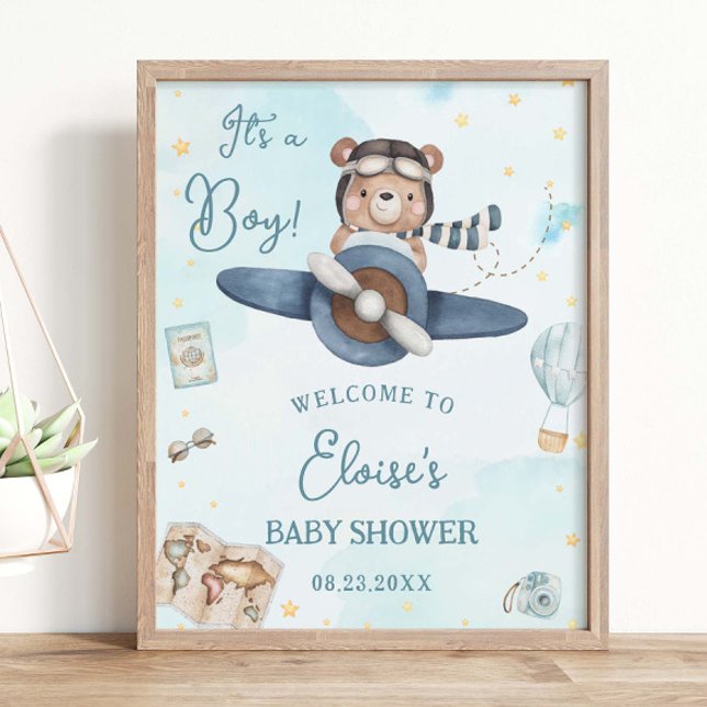 Barnshuggare för äventyr Cute Bear Blue Flygplan B Poster (Skapare uppladdad)