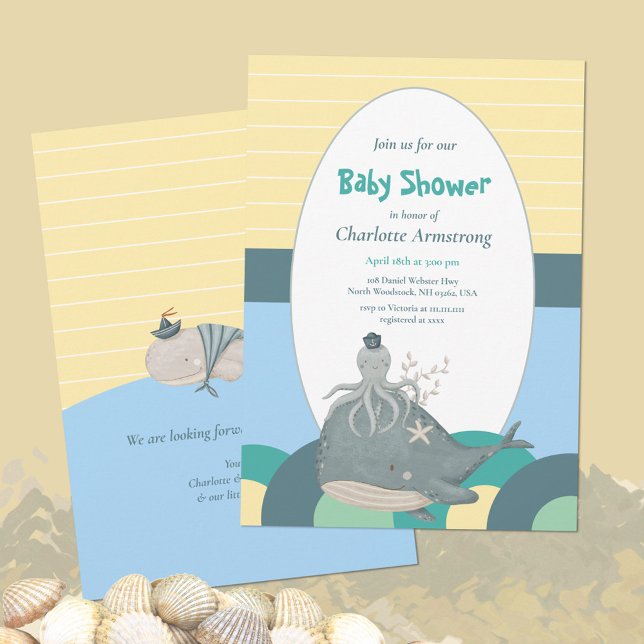 Barnshuggare för Gult av oktopus i sjöval Inbjudningar (Adorable Nautical Whale Squid Yellow Baby Shower Invitation ©Susanne Sachers - Sunny Mind Design 🌞)