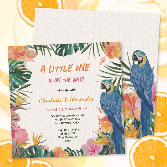 Barnshuggare för halvmånsfärgad Blommigt, babyfärg Inbjudningar (Tropical Floral Parrot Watercolor Baby Shower Invitation ©Susanne Sachers - Sunny Mind 🌞)