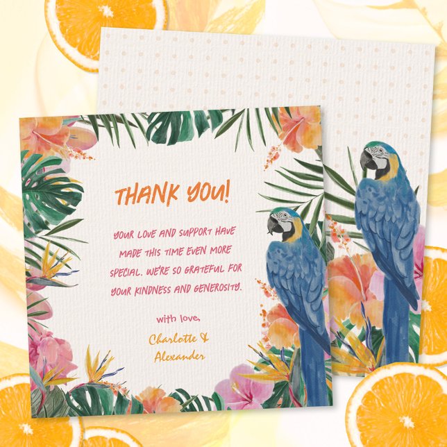Barnshuggare för halvmånsfärgad Blommigt, babyfärg Tack Kort (Tropical Floral Parrot Watercolor Baby Shower Thank You Card ©Susanne Sachers - Sunny Mind 🌞)