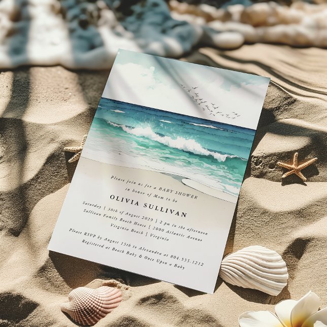 Barnshuggare för kustnära ytvatten, babykläder inbjudningar (Coastal Beach Sea Sand Watercolor Baby Shower Invitation )