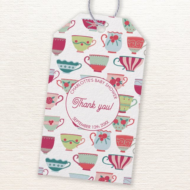 Barnshuggare för Retro Tea Party Presentetikett (Retro pastel teacup baby shower tea party personalized gift favor tags)
