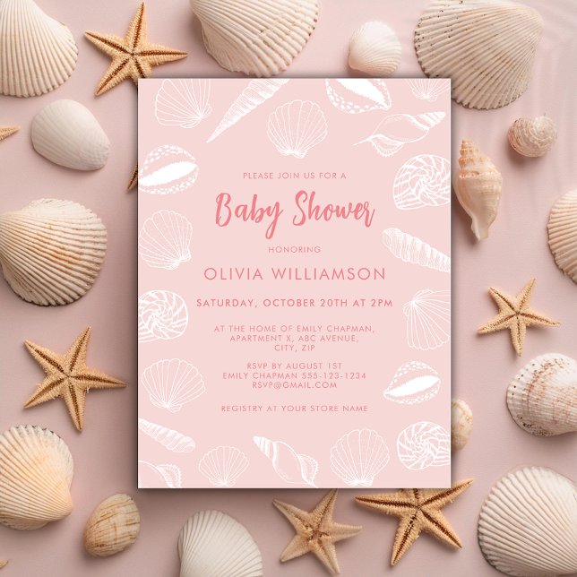 Barnshuggare för Snäckor vid kusten Vykort (Pale pink, sea shell baby shower shower invitation in ocean beach theme.)